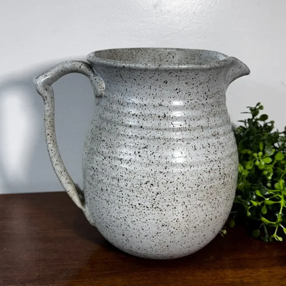 Signed Studio Art Pottery Pitcher Blue Flowers Handle Ribbed Spout Vase 7